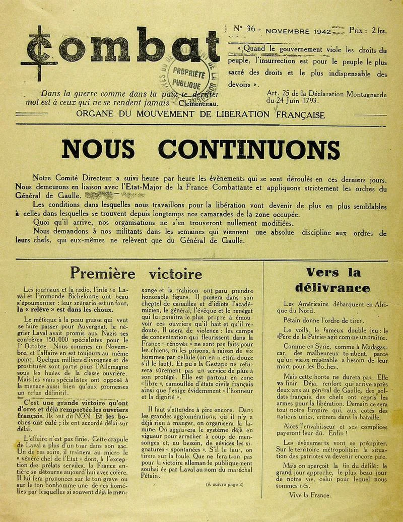 Décembre 1943. Combat. L’un des titres de presse clandestins.