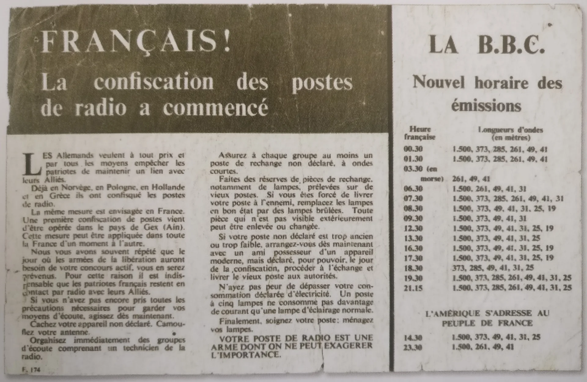 Février 1944. Tract de la Résistance encourageant la population à ne pas se laisser confisquer son poste TSF.