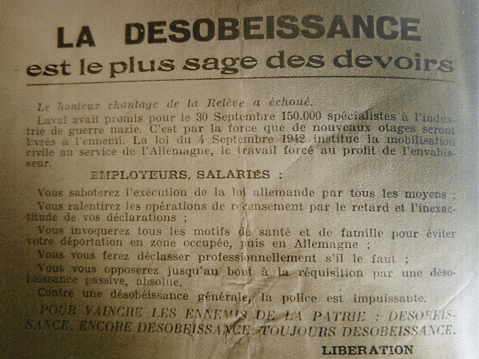 Octobre 1943. Tract du mouvement de Libération encourageant à la désobéissance.